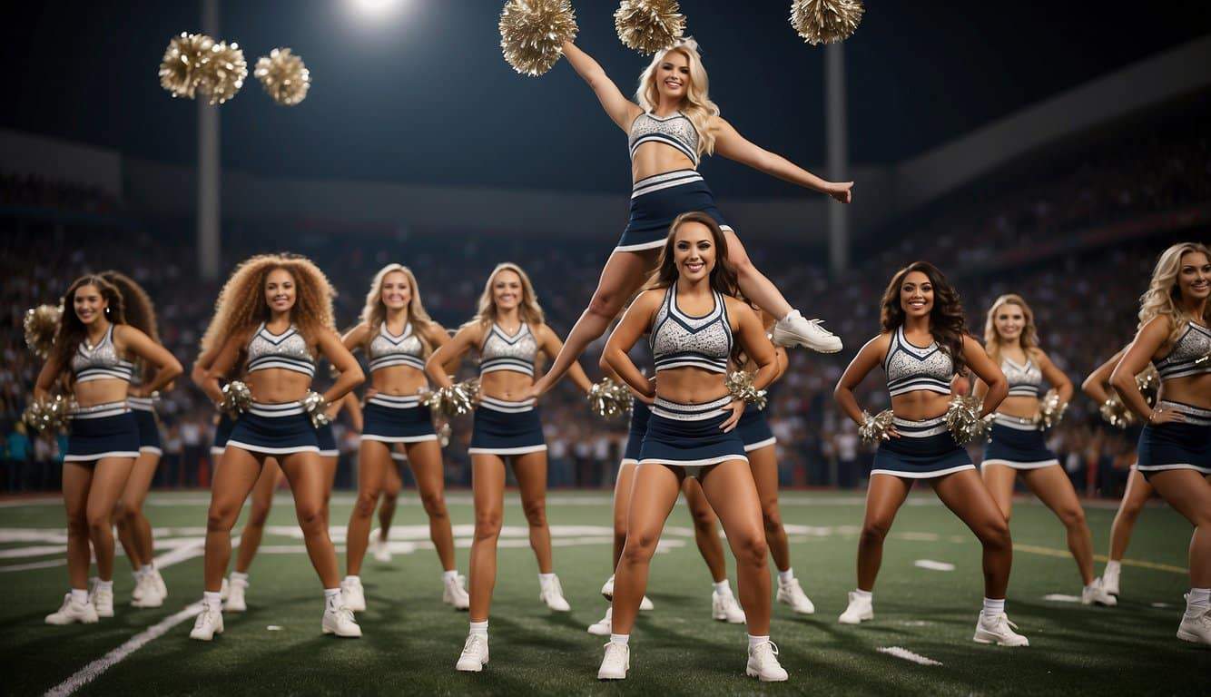 A group of cheerleaders forming a pyramid, with one person at the top being supported by the others