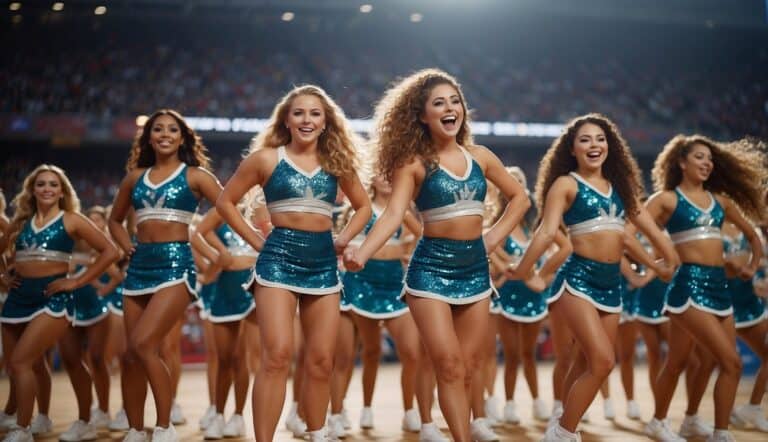 A group of cheerleaders stand in a pyramid formation, with one girl at the top, cheering and smiling as they perform a routine