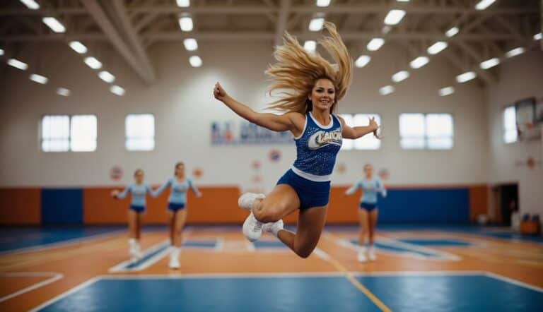 Cheerleaders practice jumps, kicks, and formations on a bright, colorful gym floor. Coach directs with a whistle