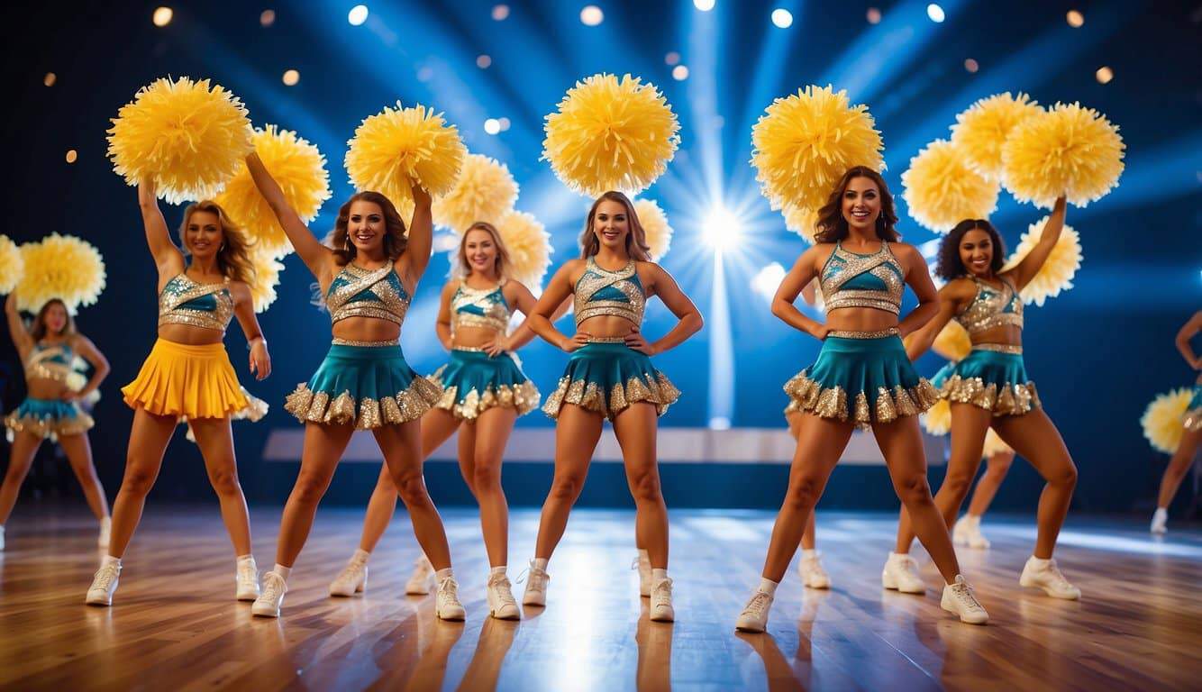 A group of cheerleaders perform synchronized routines on a brightly lit stage, with vibrant pom-poms and energetic movements