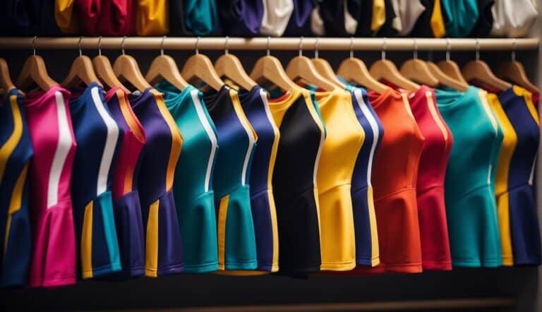 Cheerleading uniforms in vibrant colors and bold designs, neatly folded on a shelf