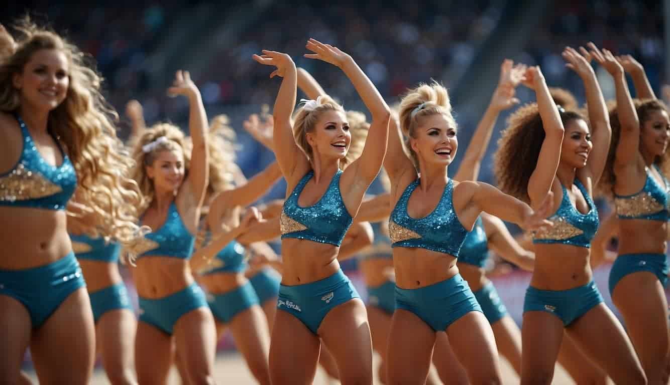 A group of cheerleaders performing synchronized routines at a sports event in Germany