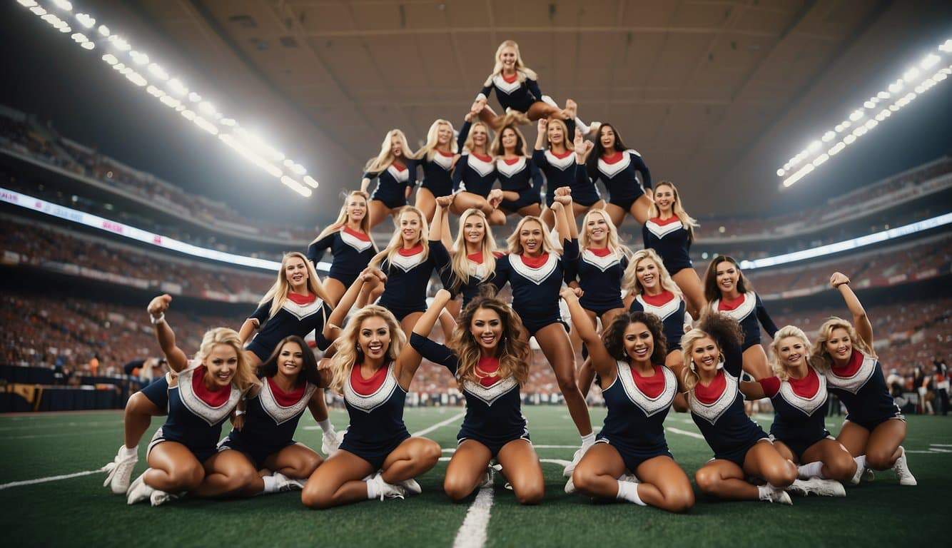 A group of cheerleaders form a pyramid, with one person at the top being supported by the others below