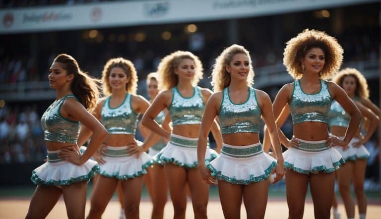 A group of cheerleaders performing synchronized choreography with high energy and precision