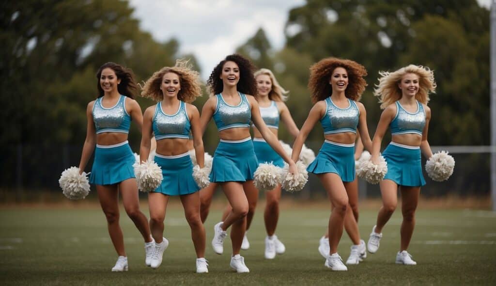 A group of cheerleaders perform synchronized jumps and kicks in a spirited routine, displaying teamwork and energy