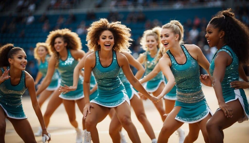 A group of cheerleaders perform synchronized stunts and jumps, showcasing teamwork and precision in their movements