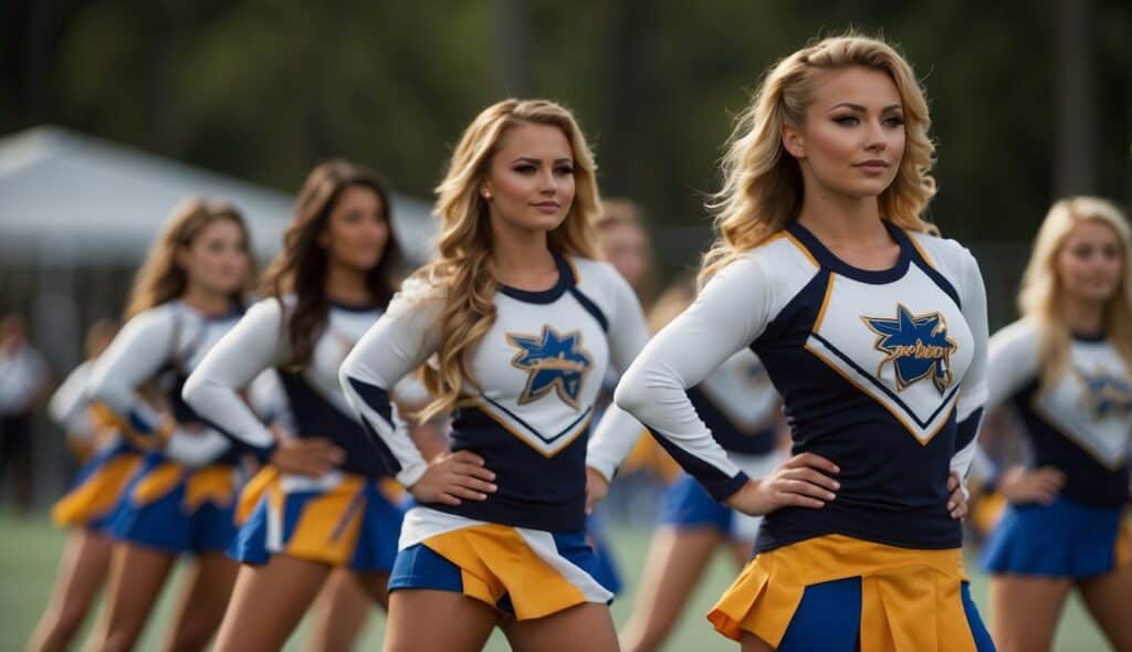 A group of cheerleaders practicing basic stunts and formations with a focus on safety and proper technique