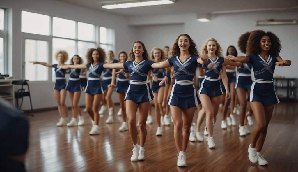 Cheerleader training: planning and progress. Uniforms laid out, routine choreography on whiteboard, team members practicing stunts and jumps