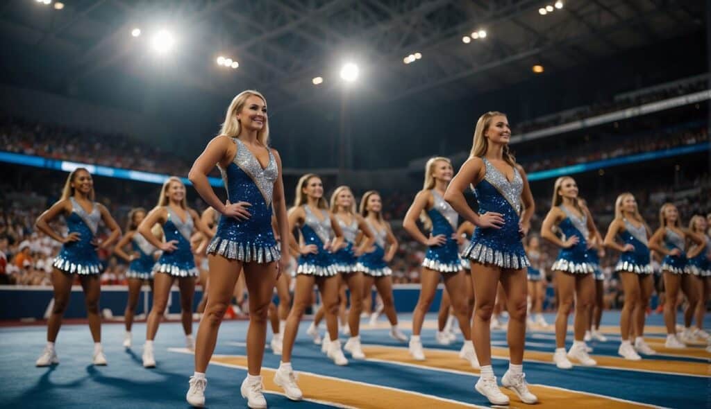 A group of cheerleaders performing stunts and routines at a global cheerleading competition. Bright uniforms, energetic movements, and synchronized team formations