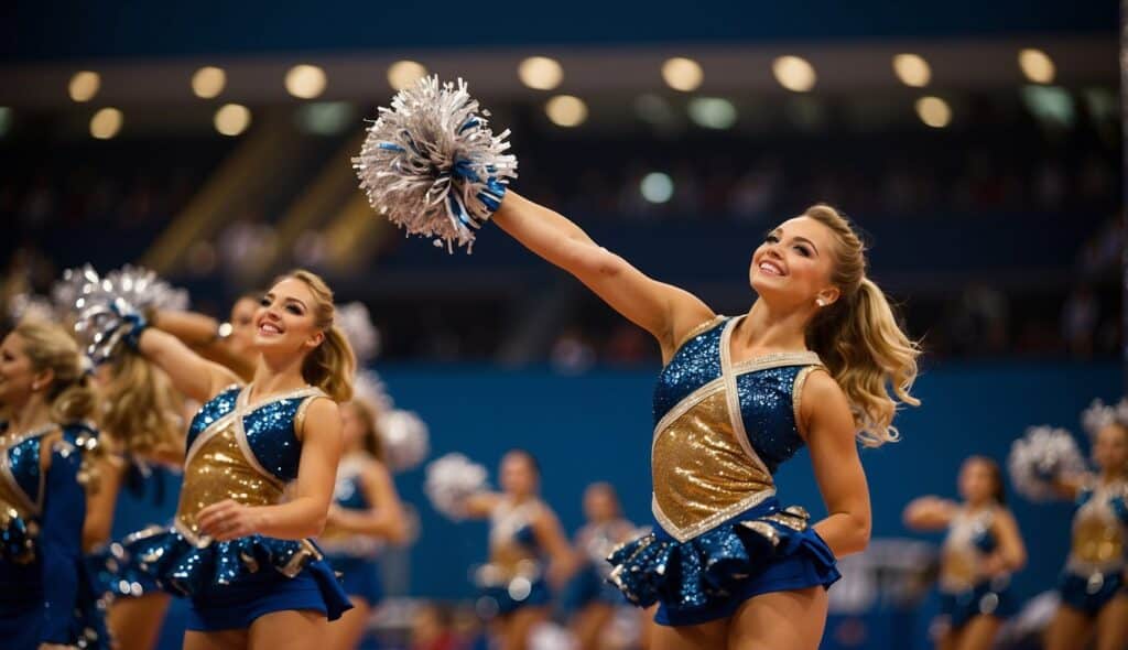 Cheerleading competitions around the world, with teams actively performing routines and engaging with the audience