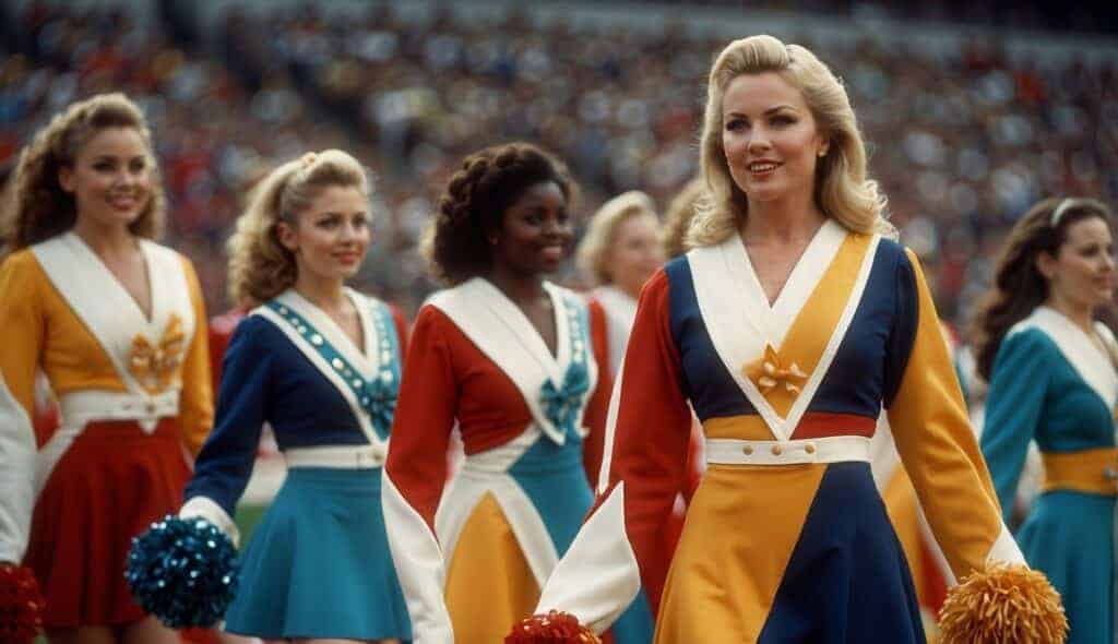 A timeline of cheerleading uniforms from early 1900s to modern day, showcasing the evolution of styles, colors, and materials