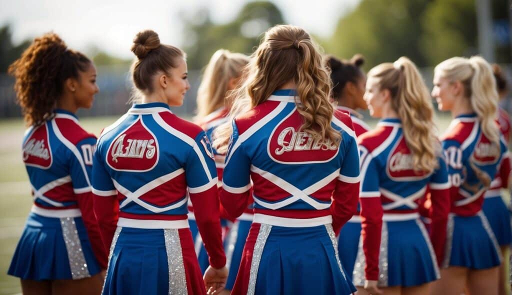 A group of cheerleading uniforms with personalized designs, showcasing team identity through vibrant colors and bold patterns