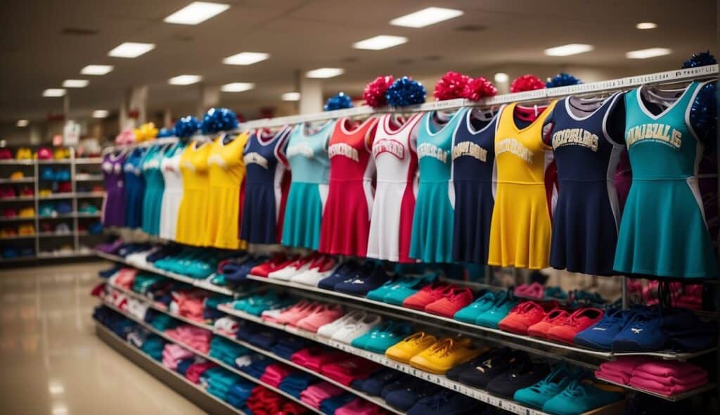 A display of cheerleading uniforms and accessories, arranged neatly on shelves and racks in a brightly lit store