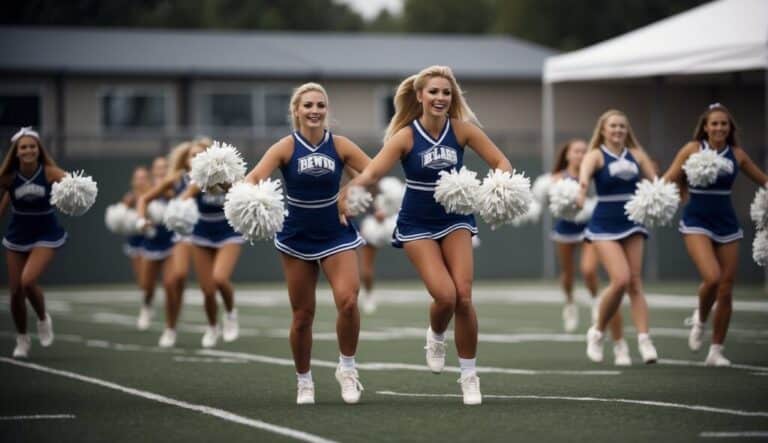 A group of cheerleaders practicing safe techniques, avoiding injuries