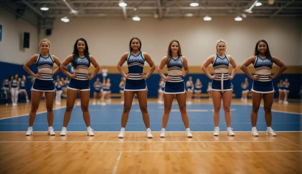 A group of cheerleaders practicing stunts and jumps, focusing on safety and injury prevention