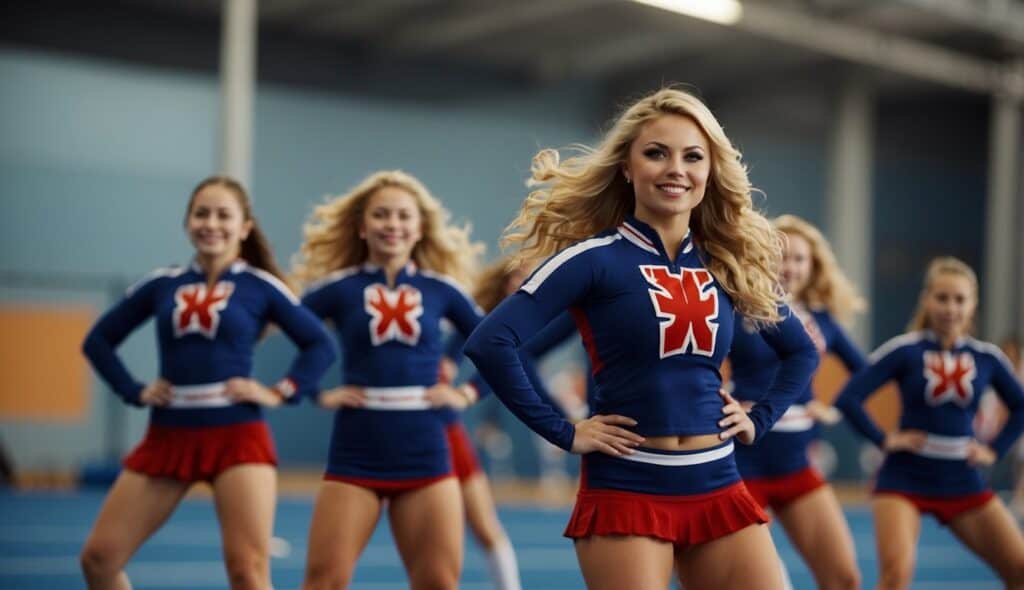 A group of cheerleaders practicing safe stunts and techniques to prevent injuries