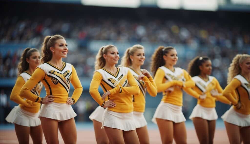 A group of cheerleaders performing stunts and synchronized routines at a German sports event, showcasing the history and development of cheerleading in Germany