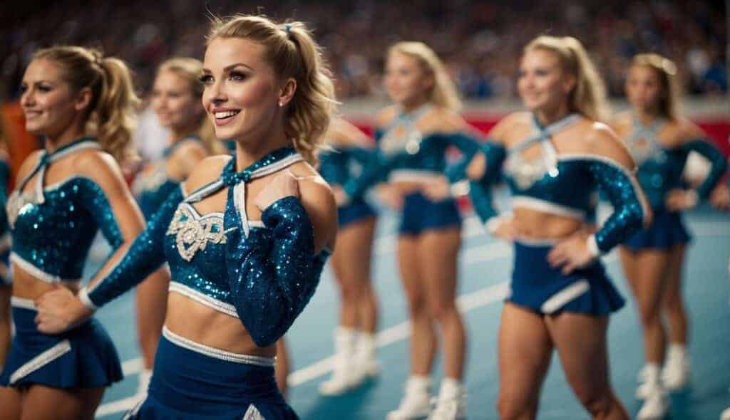 A group of cheerleaders in uniform performing synchronized routines at a cheerleading competition in Germany