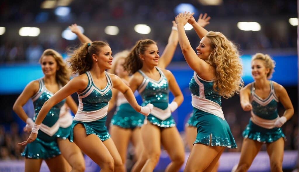 Cheerleading competitions in Germany: a group of cheerleaders performing stunts and jumps in a vibrant, energetic routine