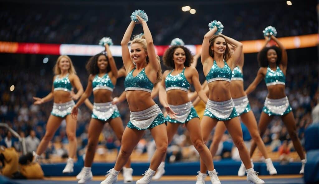 A group of cheerleaders performing advanced pyramid stunts with precision and coordination