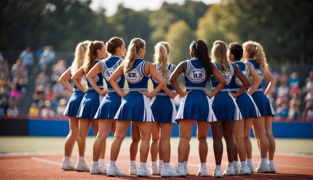 A group of cheerleaders forming a pyramid, showcasing visual design and competitive aspects