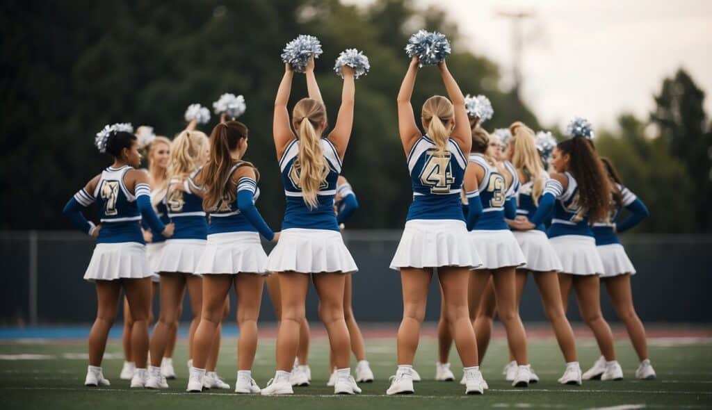 A group of cheerleaders forming a pyramid, with one person at the top, while others create a strong base with their arms and legs