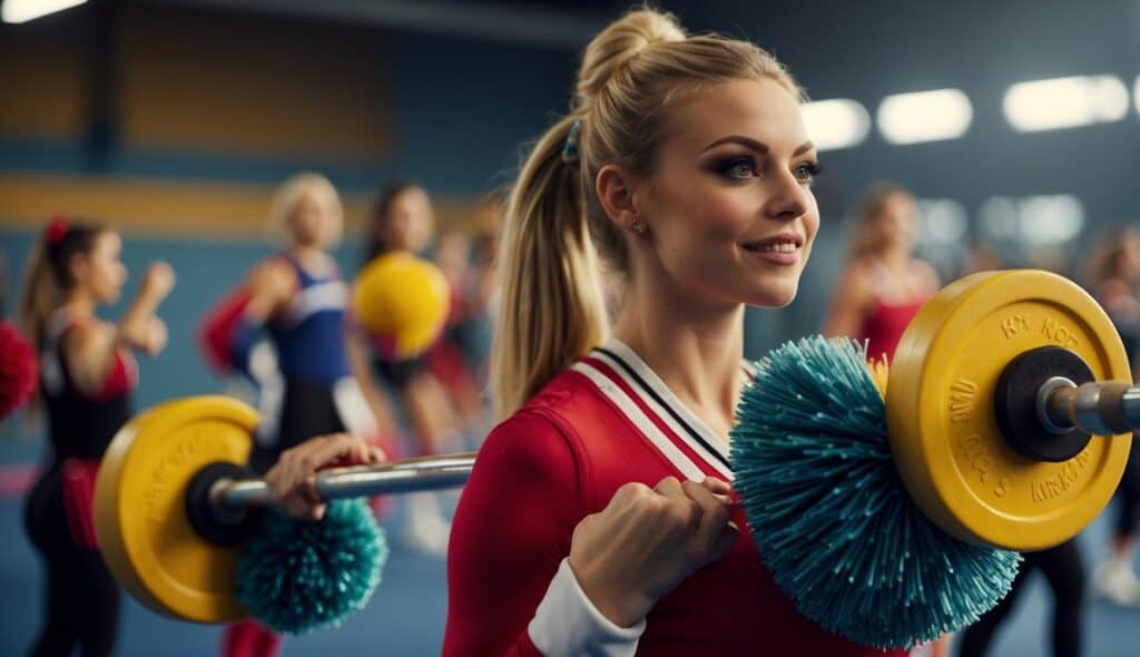 A cheerleader lifting weights in a gym, with colorful pom-poms and a cheerleading uniform nearby