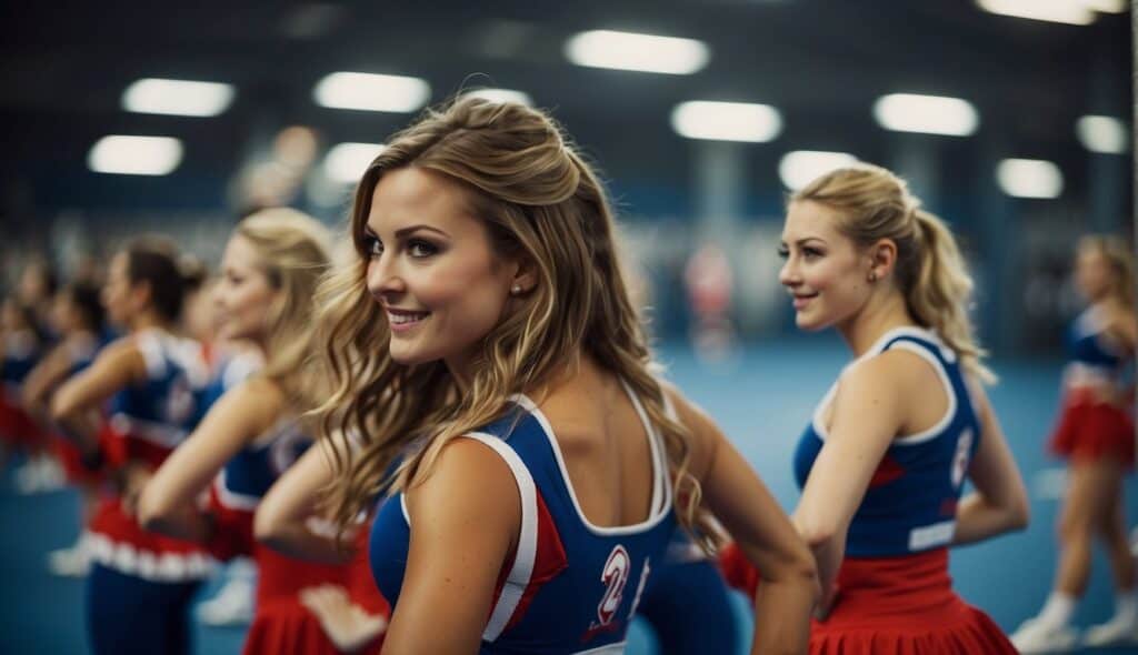 Cheerleaders in gym with safety equipment, fitness and strength training gear